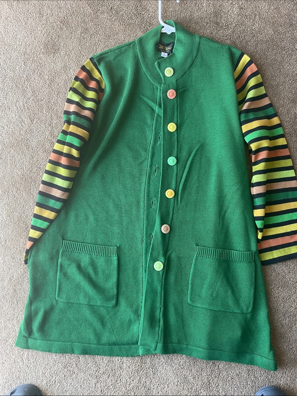 Bob Mackie Green Knit Cardigan with Colorful Striped Sleeves